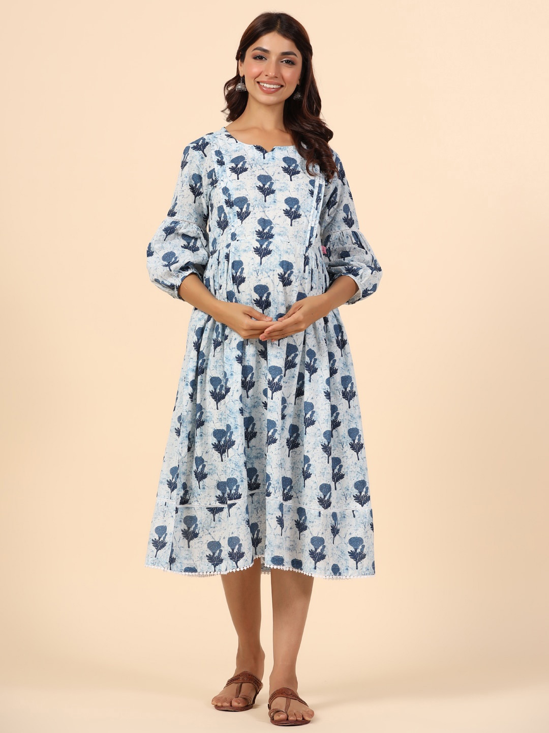 

Ikk Kudi by Seerat Maternity Floral Print Puff Sleeves Pure Cotton Fit & Flare Midi Dress, Blue
