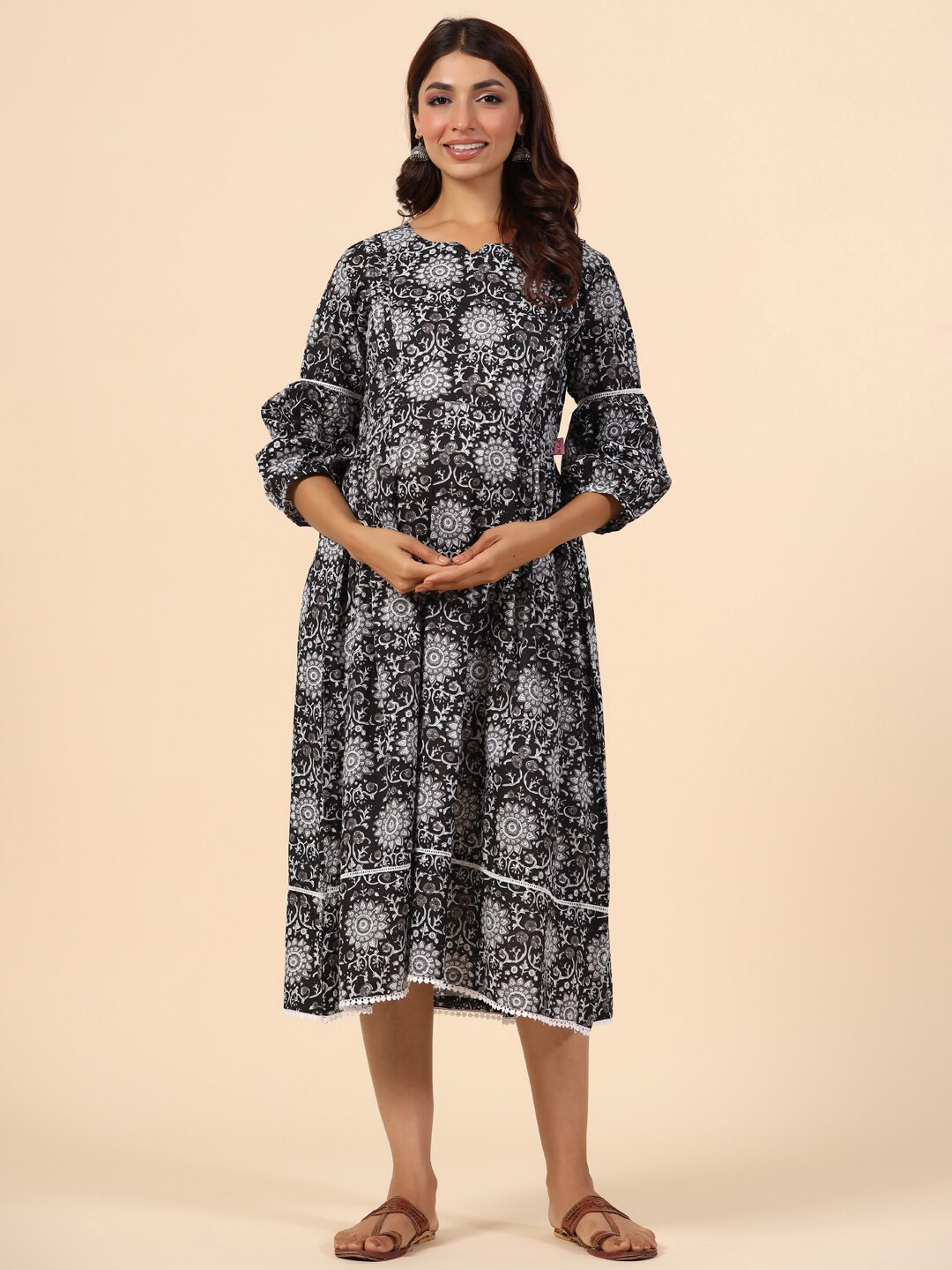 

Ikk Kudi by Seerat Ethnic Motifs Printed Maternity Fit & Flare Midi Ethnic Dress, Black