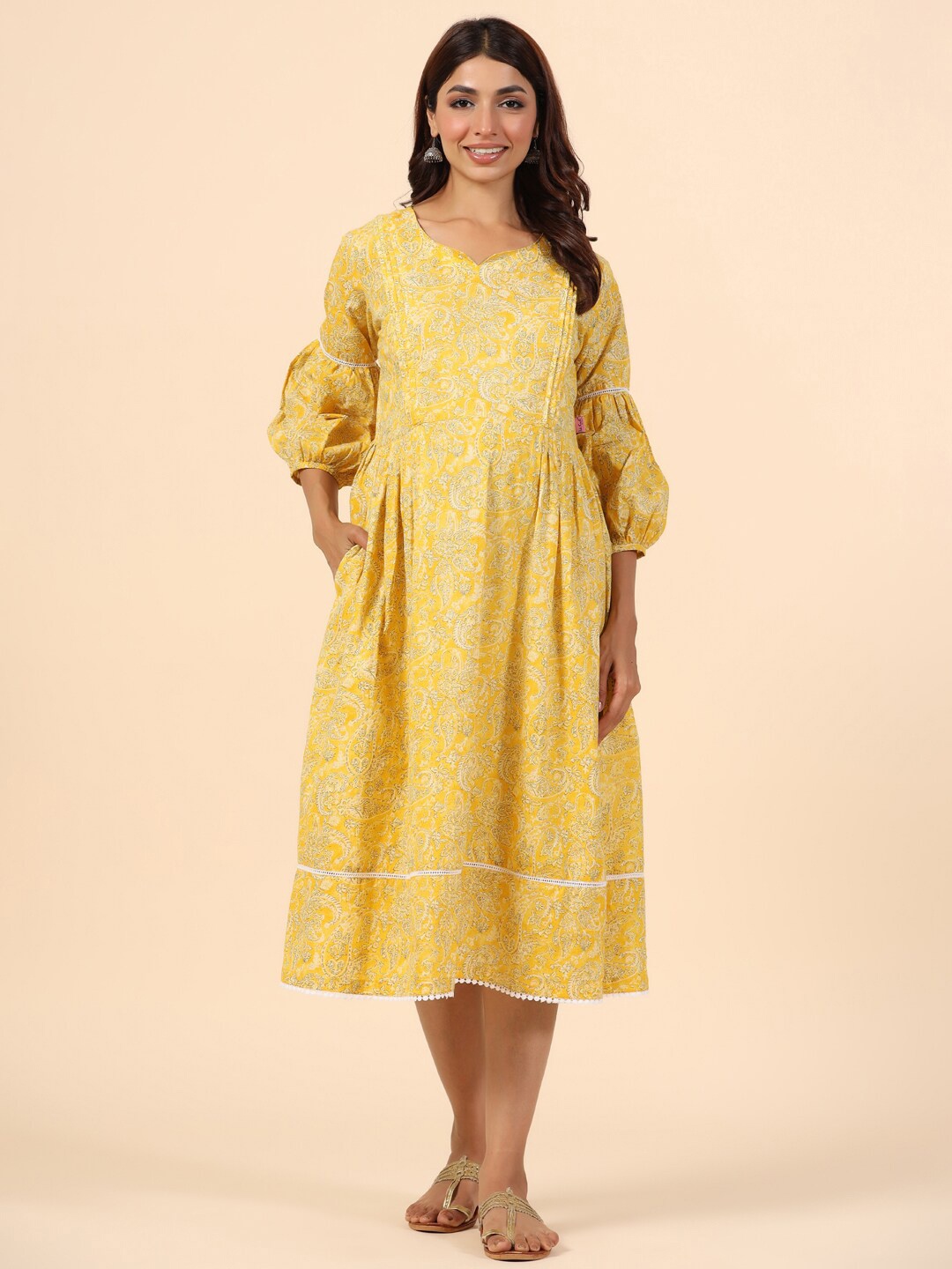 

Ikk Kudi by Seerat Maternity Ethnic Printed Pure Cotton Fit & Flare Midi Ethnic Dress, Yellow