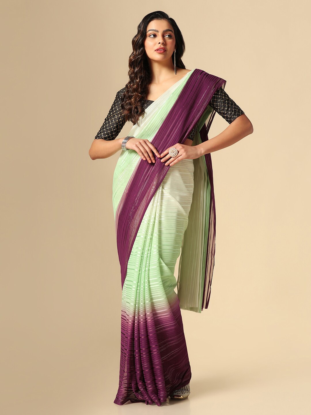 

Mitera Striped Zari Poly Georgette Saree, Green