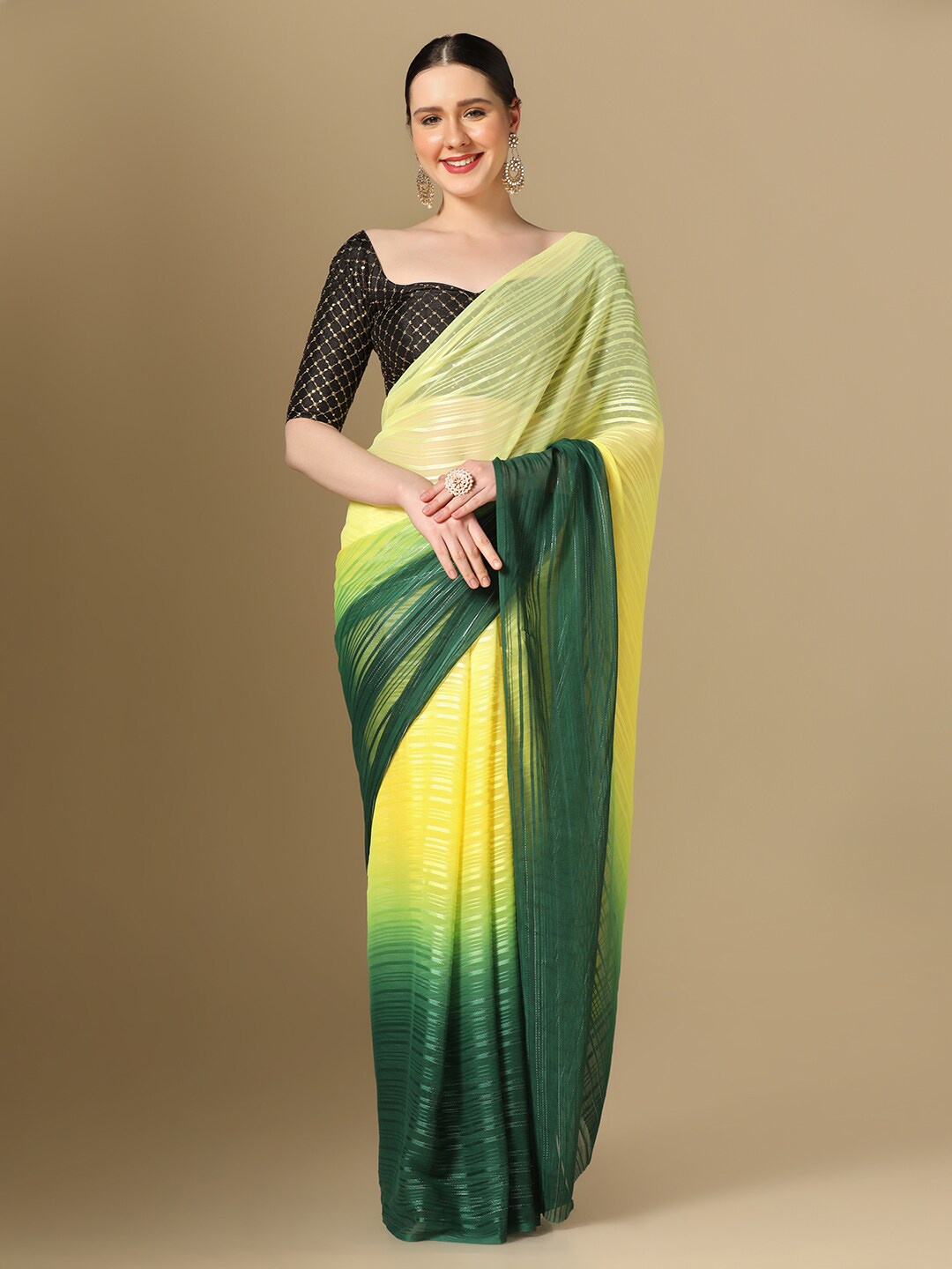 

Mitera Striped Ombre Poly Georgette Saree, Yellow