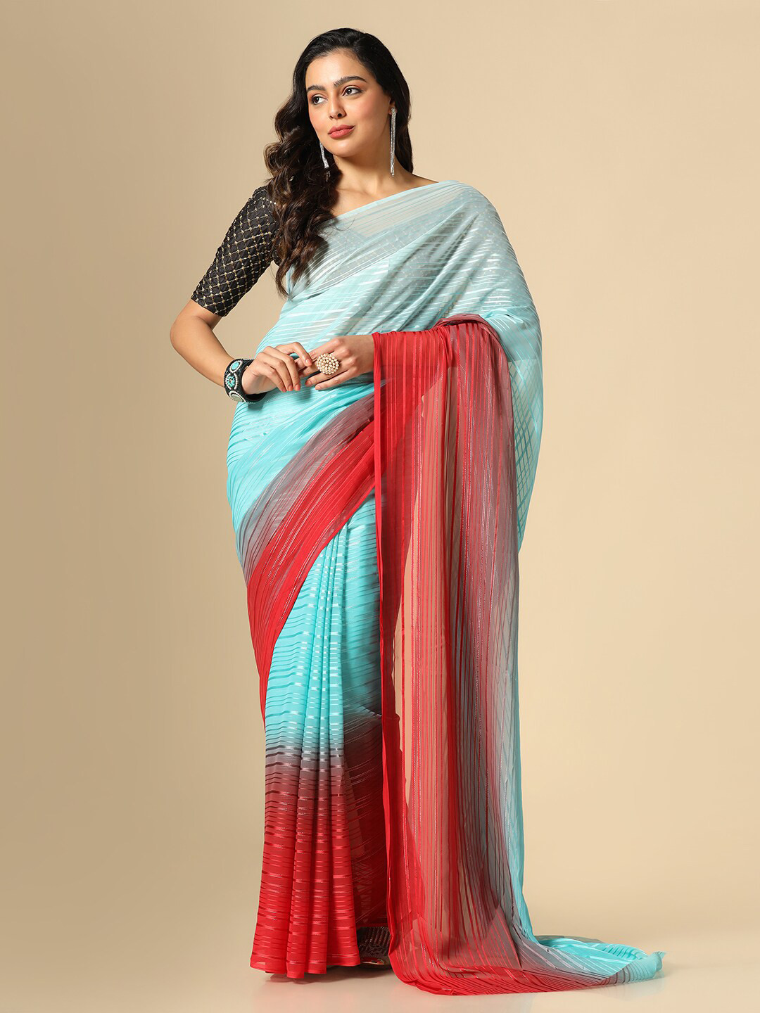 

Mitera Embroidered Sheer Striped Saree, Blue