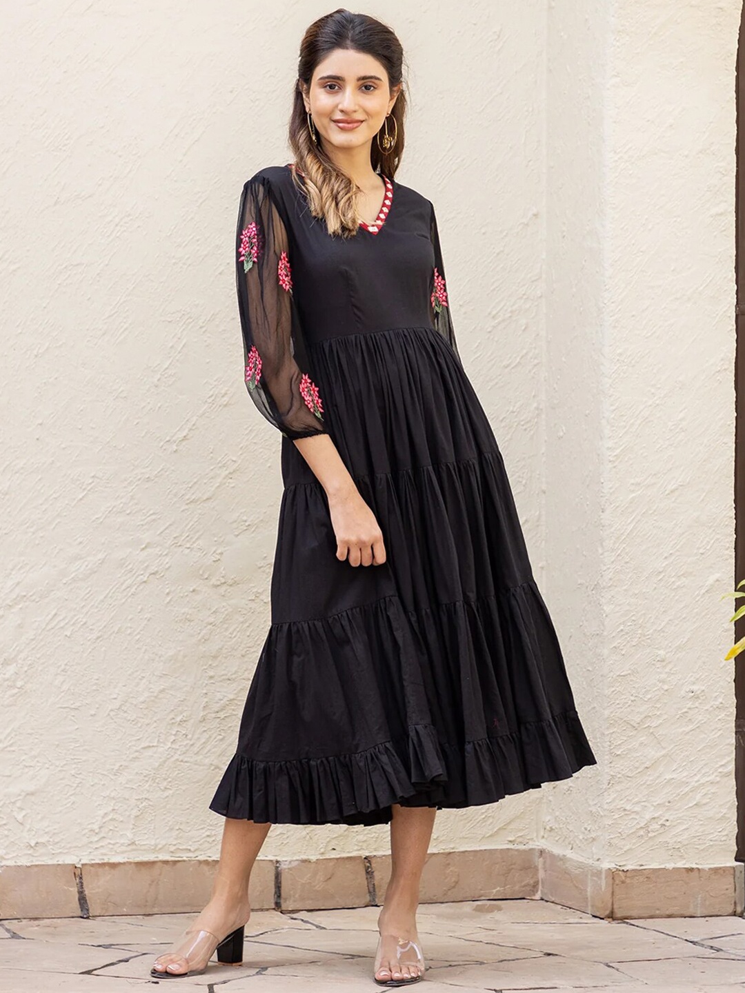

Ambraee V-Neck A-Line Midi Dress, Black