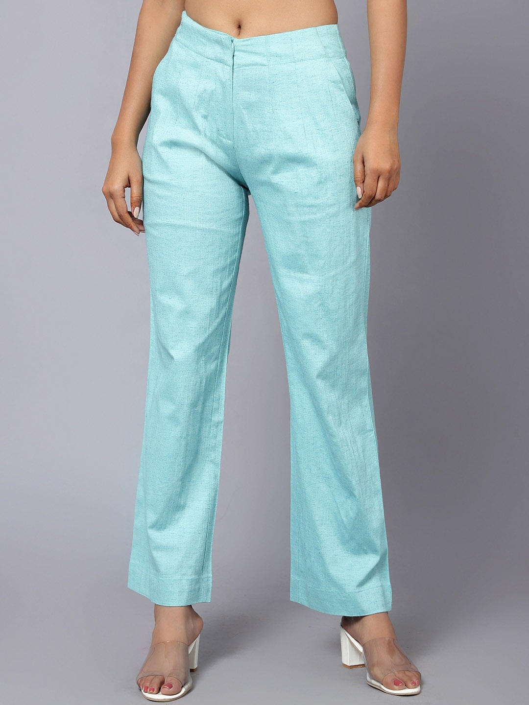 

Bani Women Women Smart Straight Fit Cotton Parallel Trousers, Turquoise blue
