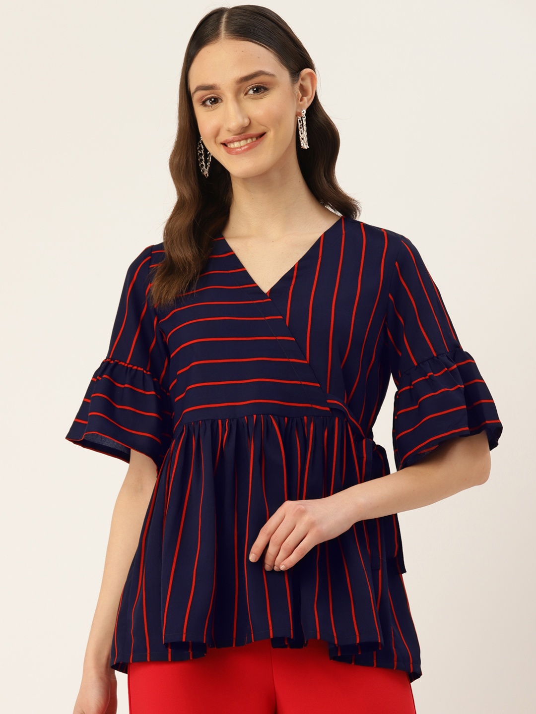 

ZIZO By Namrata Bajaj Striped Flared Sleeve Crepe Wrap Top, Navy blue
