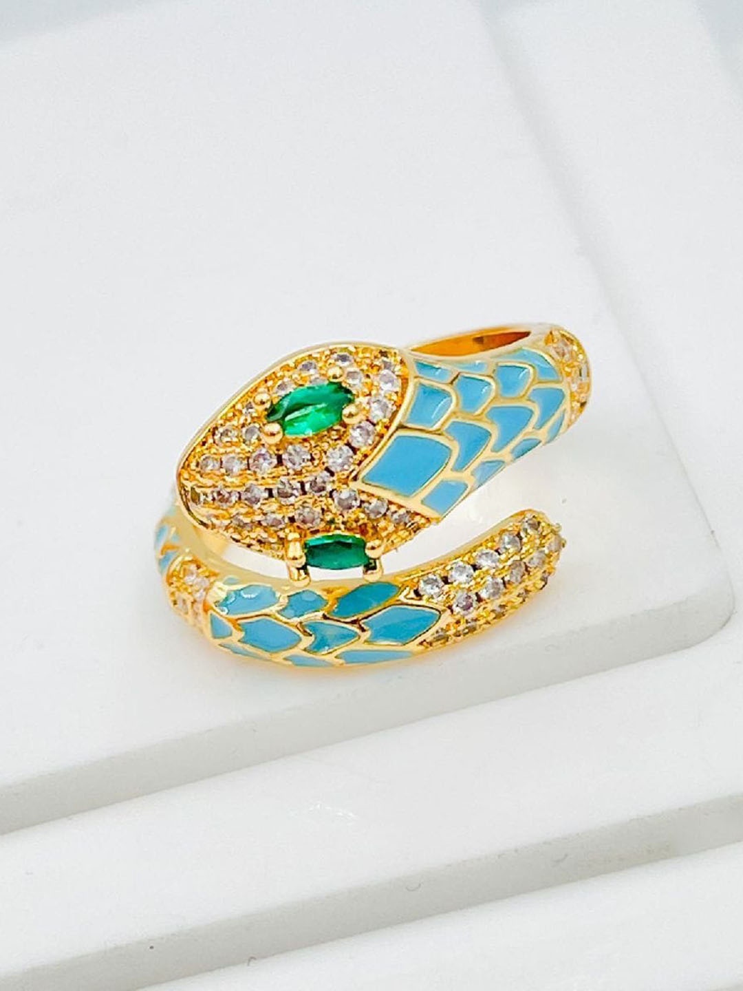 

ZIVOM Gold-Plated CZ Studded Snake Design Adjustable Finger Ring, Blue