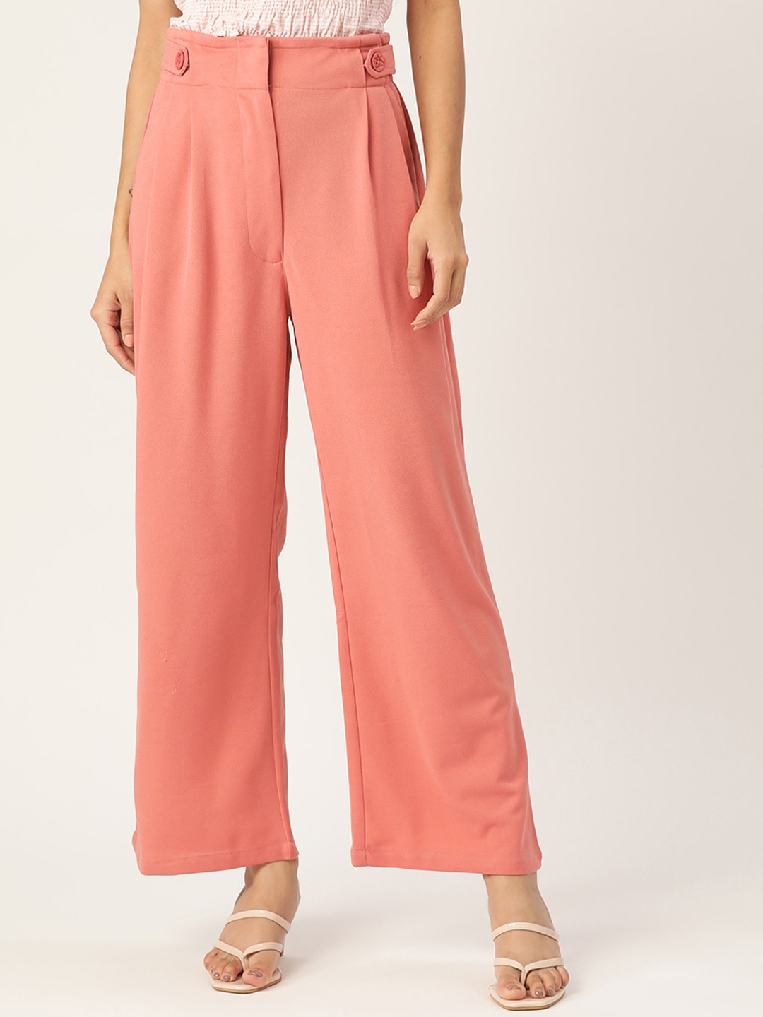 

Zastraa Women Smart Flared High-Rise Pleated Parallel Trousers, Peach