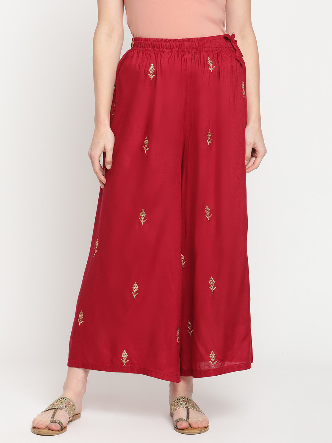 

TAG 7 Women Floral Embroidered Flared Palazzos, Maroon
