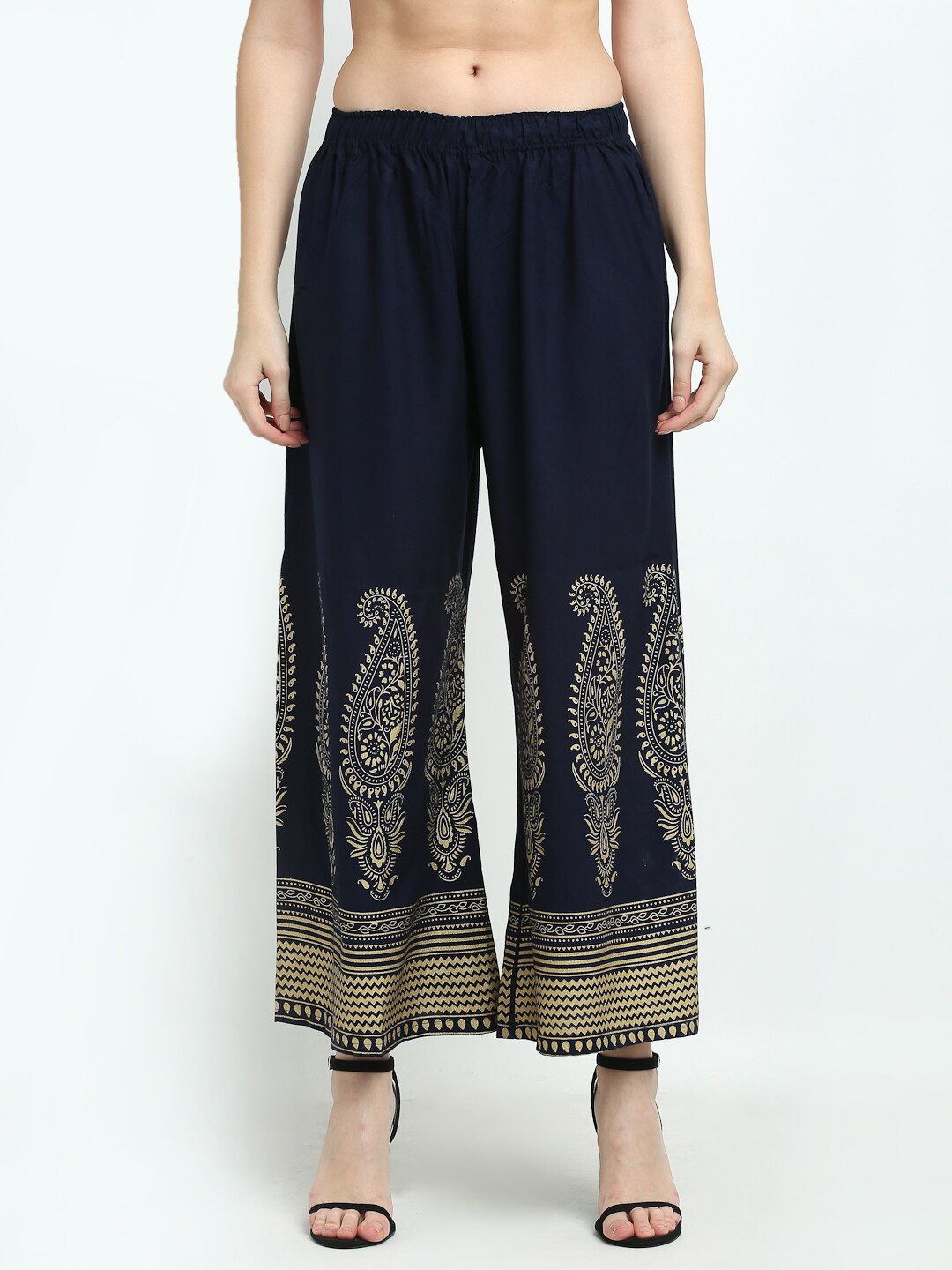 

TAG 7 Women Ethnic Motifs Printed Flared Palazzos, Navy blue