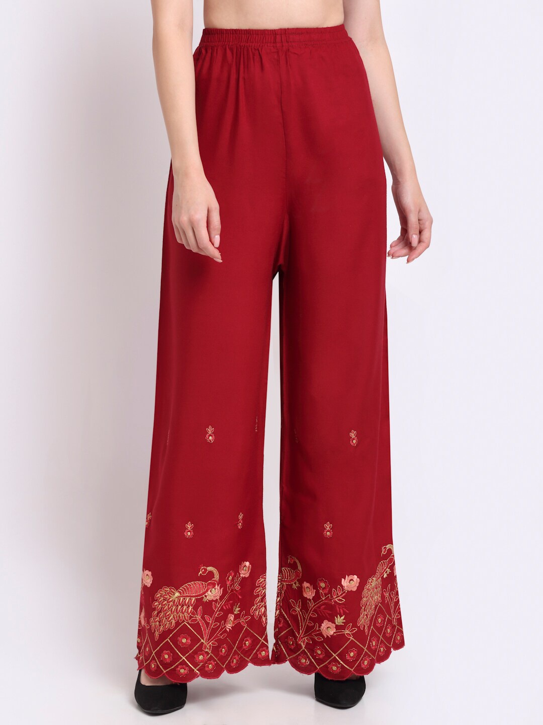 

TAG 7 Women Ethnic Motifs Embroidered Flared Palazzos, Maroon
