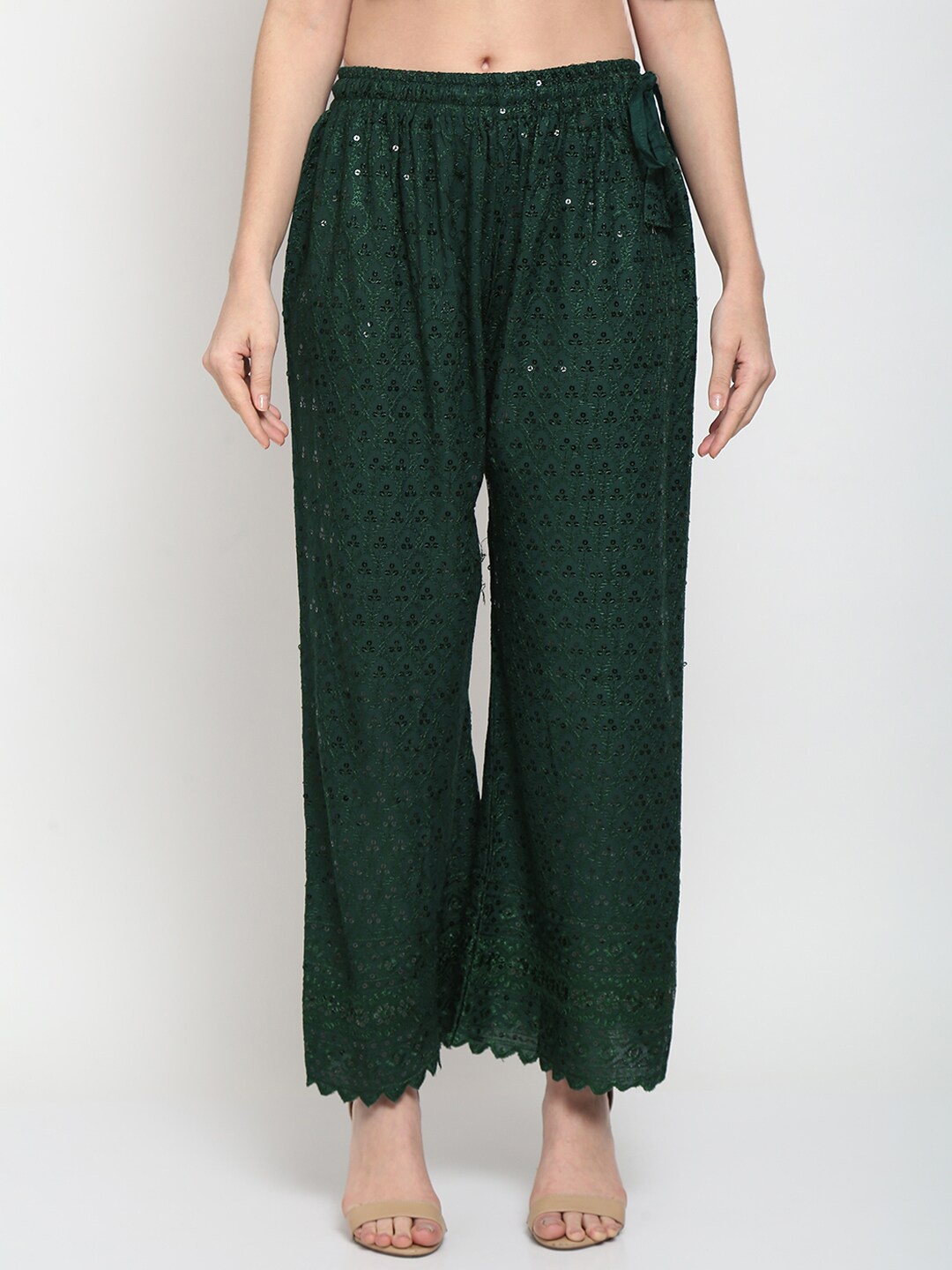 

TAG 7 Women Paisley Embellished Flared Palazzos, Green