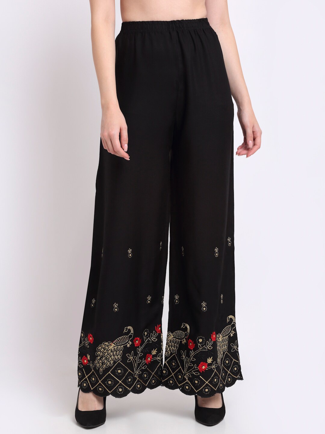 

TAG 7 Women Ethnic Motifs Embroidered Flared Palazzos, Black