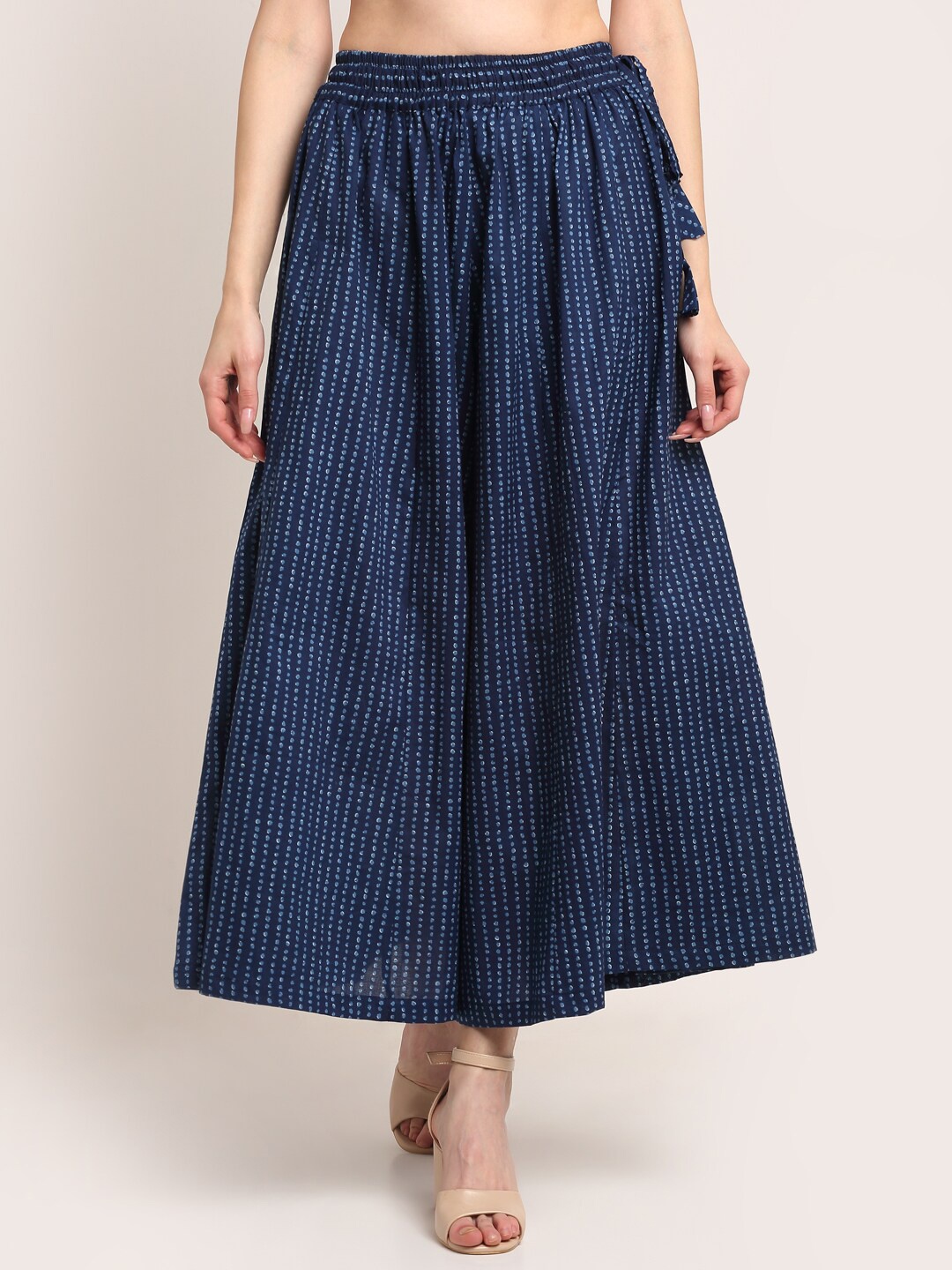 

TAG 7 Women Cotton Polka Dot Printed Flared Palazzos, Navy blue