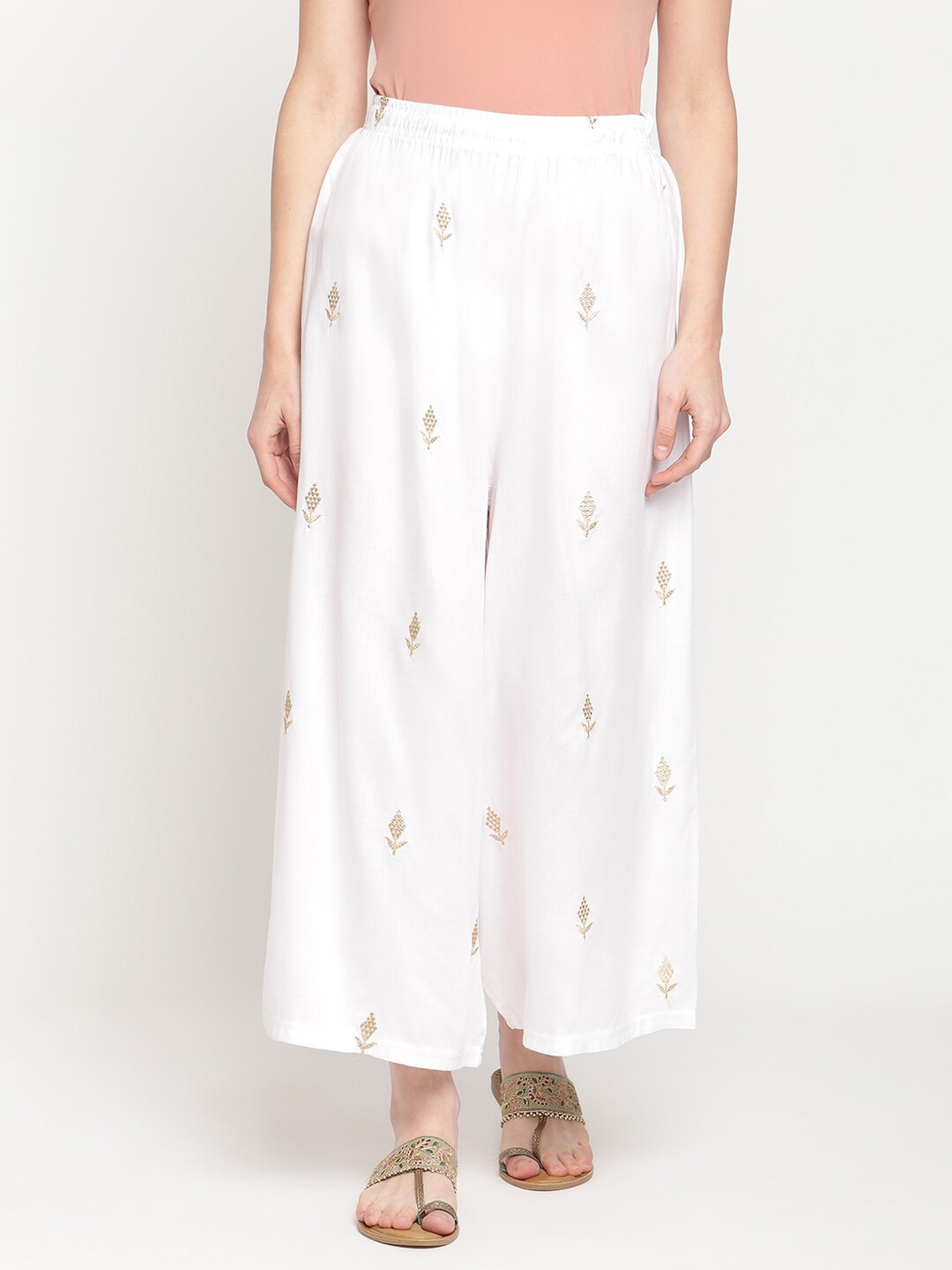 

TAG 7 Women Floral Embellished Flared Palazzos, White