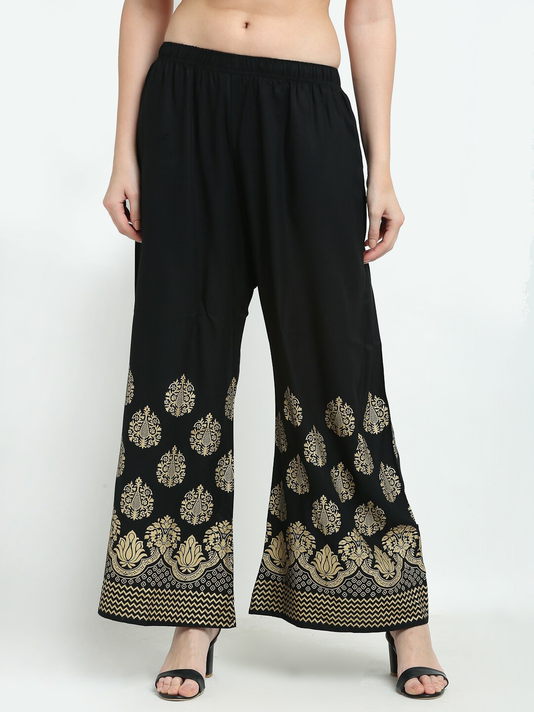 

TAG 7 Women Ethnic Motifs Hem Design Flared Palazzos, Black