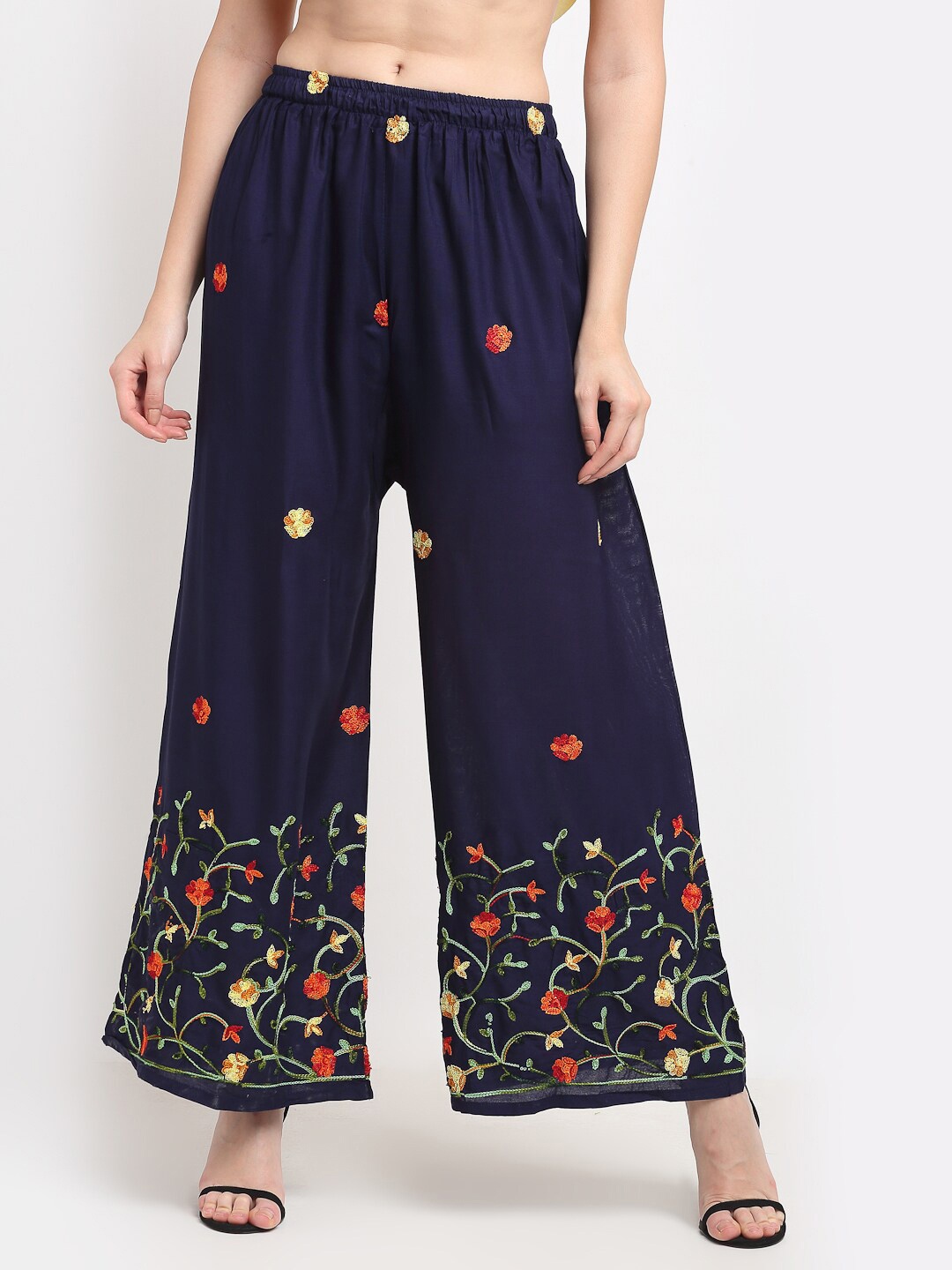 

TAG 7 Women Floral Embroidered Flared Palazzos, Navy blue