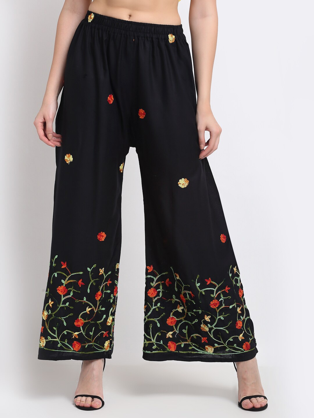 

TAG 7 Women Floral Embroidered Flared Palazzos, Black
