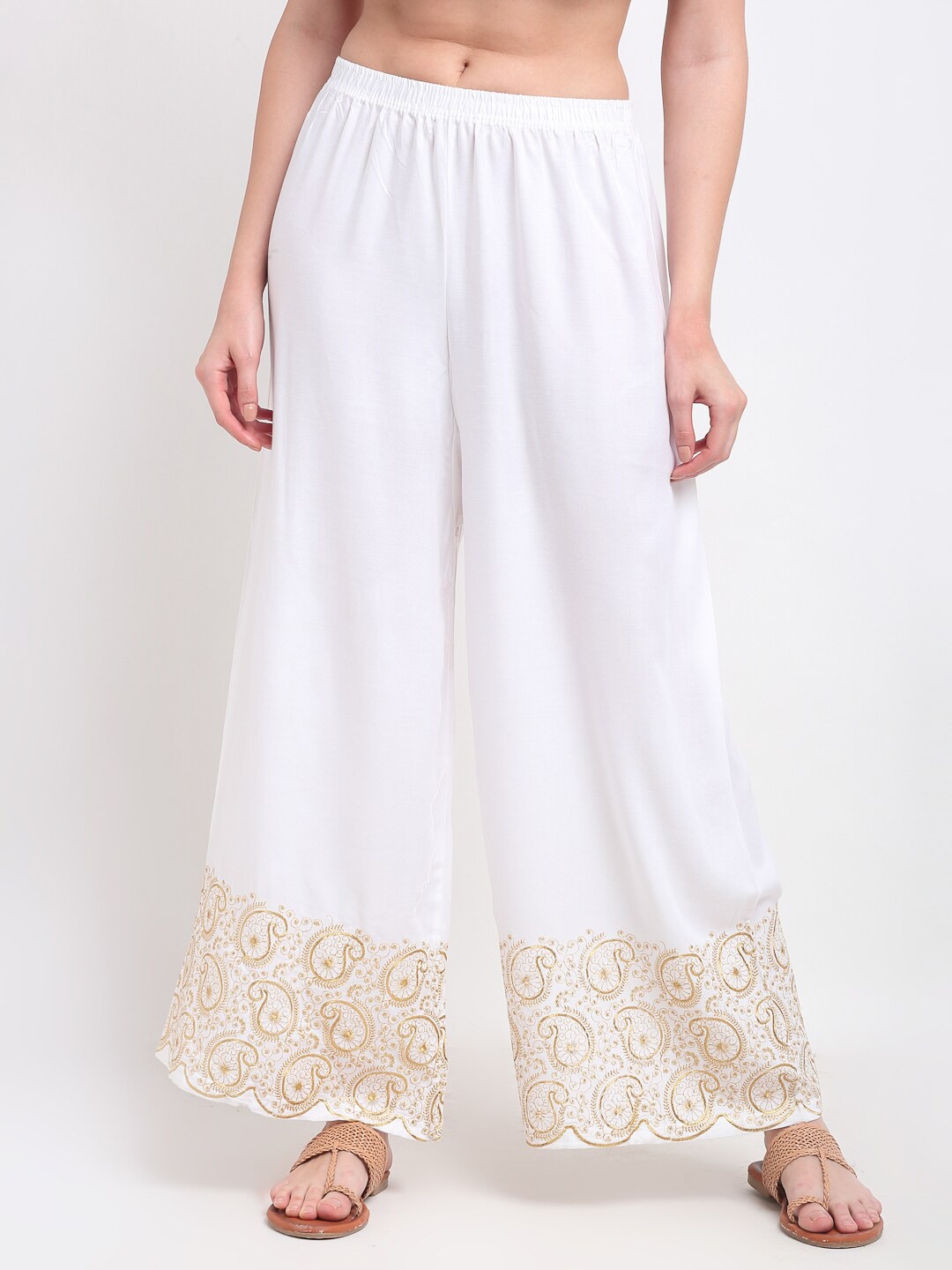 

TAG 7 Women Paisley Embroidered Flared Palazzos, White