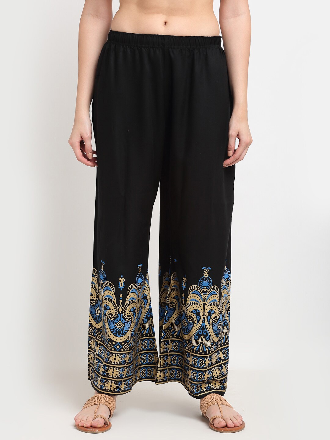 

TAG 7 Women Ethnic Motifs Printed Flared Palazzos, Black
