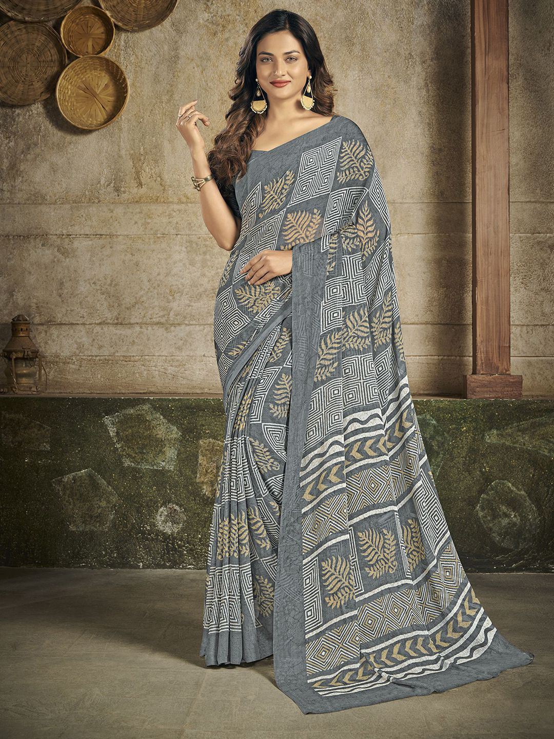 

Satrani Geometric Motifs Printed Saree, Grey