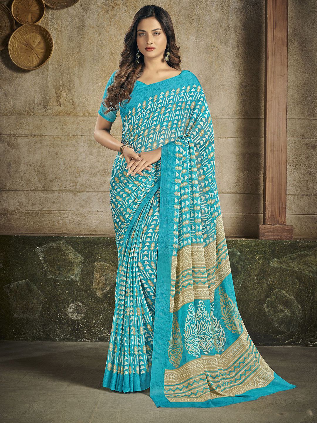 

Satrani Ethnic Motifs Printed Poly Chiffon Saree, Blue