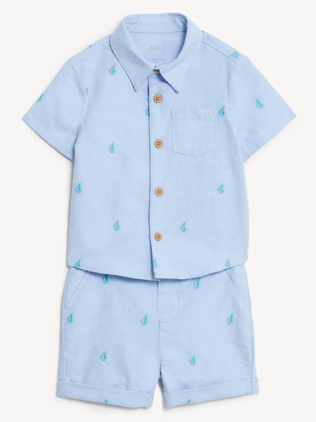 

Marks & Spencer Infants Boys Printed Cotton Shirt With Shorts Set, Blue