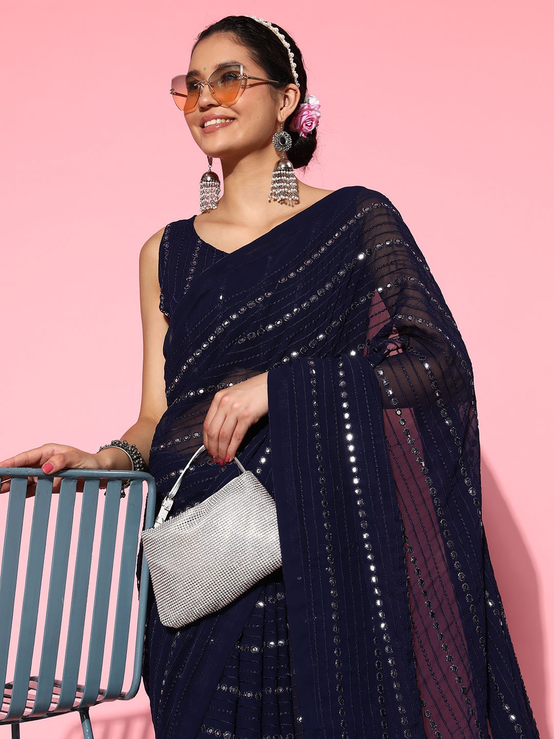 

Mitera Mirror Work Pure Georgette Saree, Navy blue