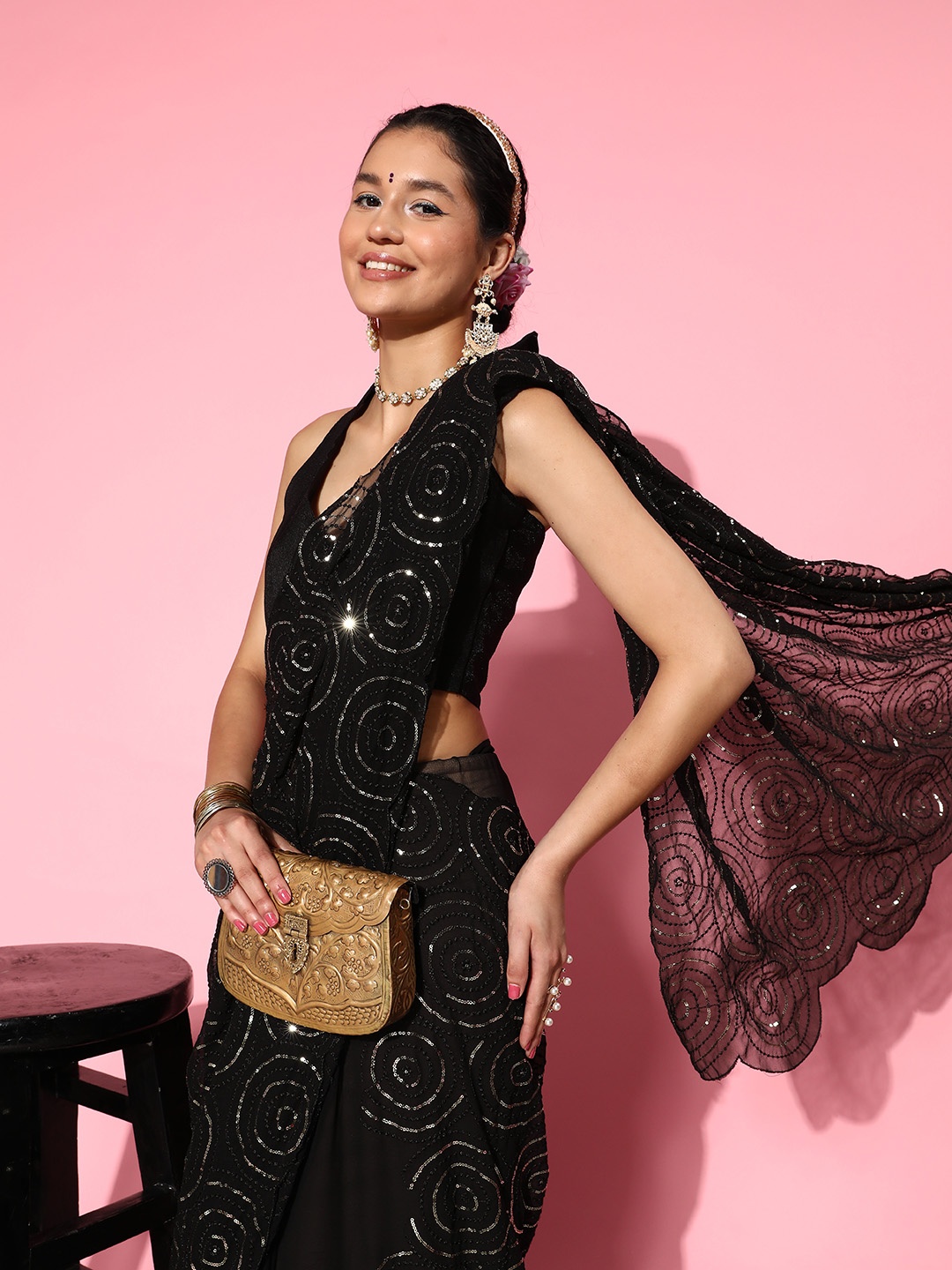 

Mitera Sequinned Pure Georgette Saree, Black