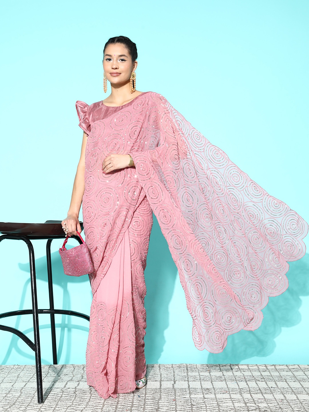 

Mitera Sequinned Pure Georgette Saree, Pink