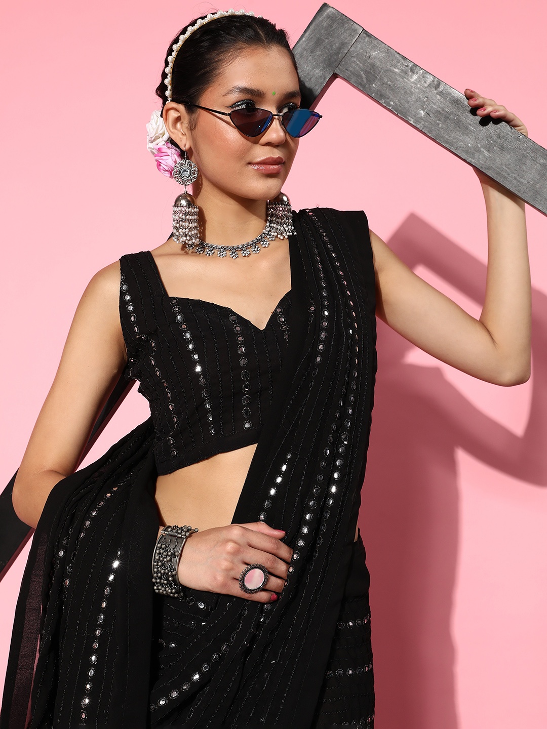 

Mitera Embellished Mirror Work Pure Georgette Saree, Black