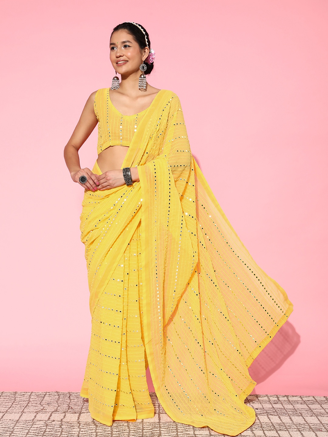 

Mitera Embellished Mirror Work Pure Georgette Saree, Yellow