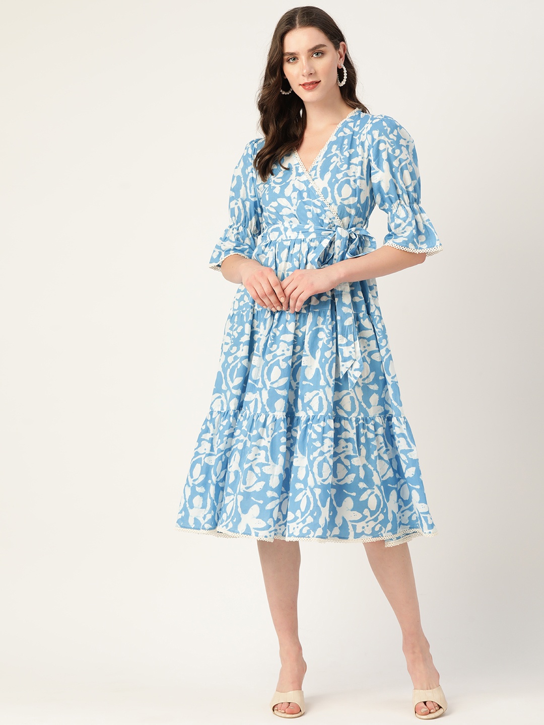 

Jaipur Morni Floral Print Puff Sleeve Dress, Turquoise blue