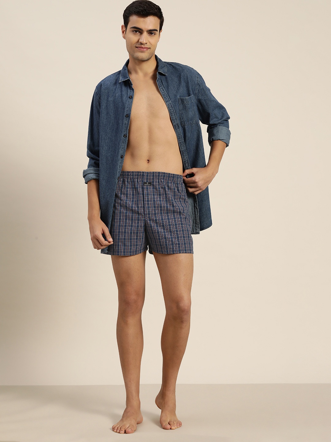 

Hancock Men Checked Pure Cotton Boxers, Navy blue