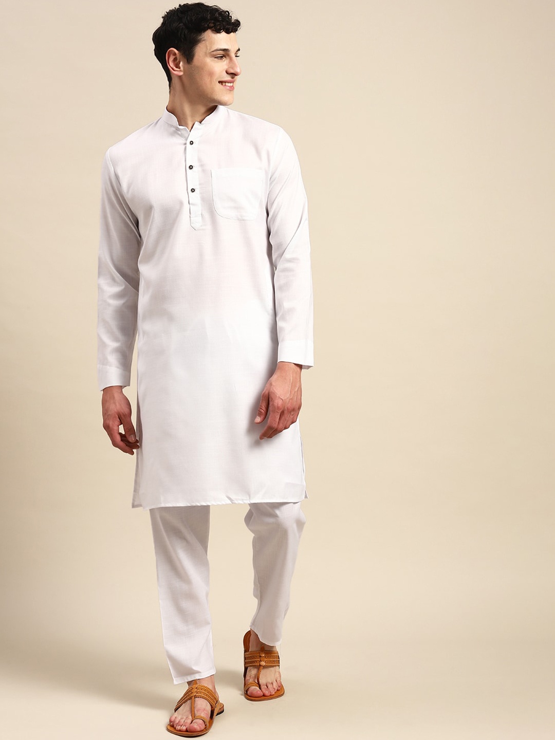 

Molly & Michel Mandarin Collar Pure Cotton Straight Kurta, White