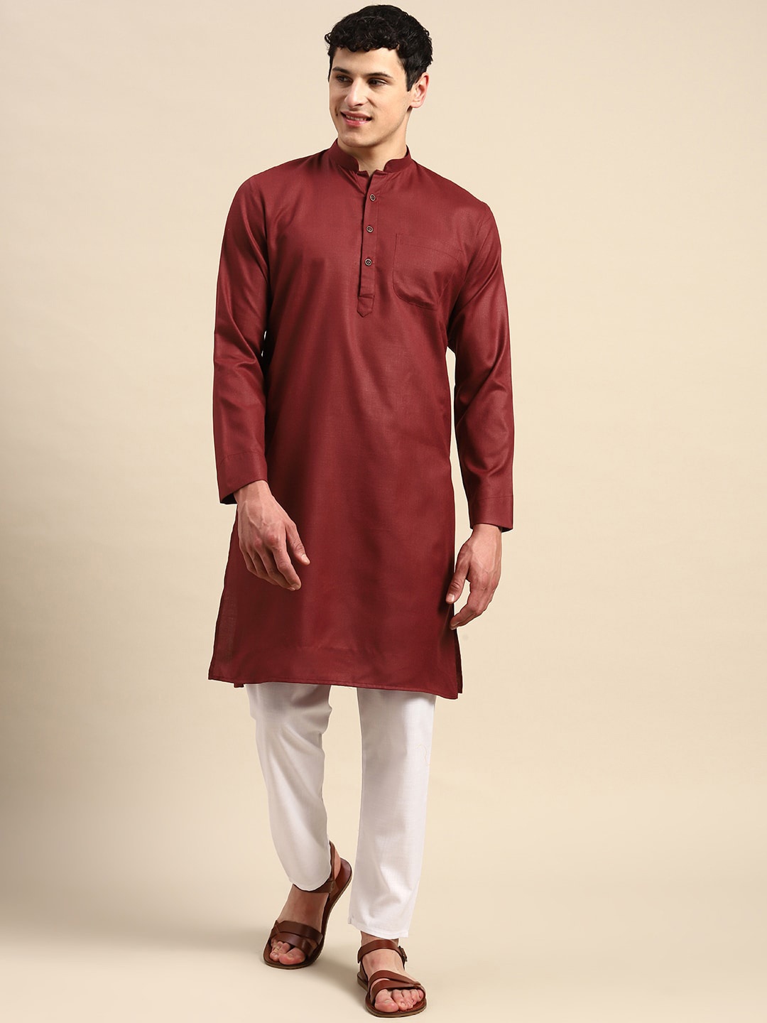 

Molly & Michel Mandarin Collar Pure Cotton Straight Kurta, Maroon