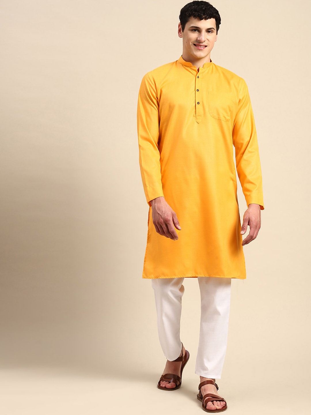 

Molly & Michel Mandarin Collar Pure Cotton Straight Kurta, Yellow