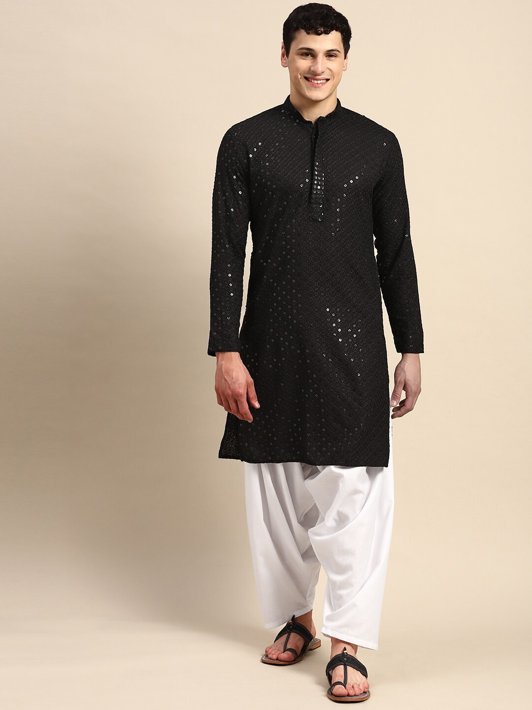 

Molly & Michel Floral Embroidered Sequinned Pure Cotton Straight Kurta, Black