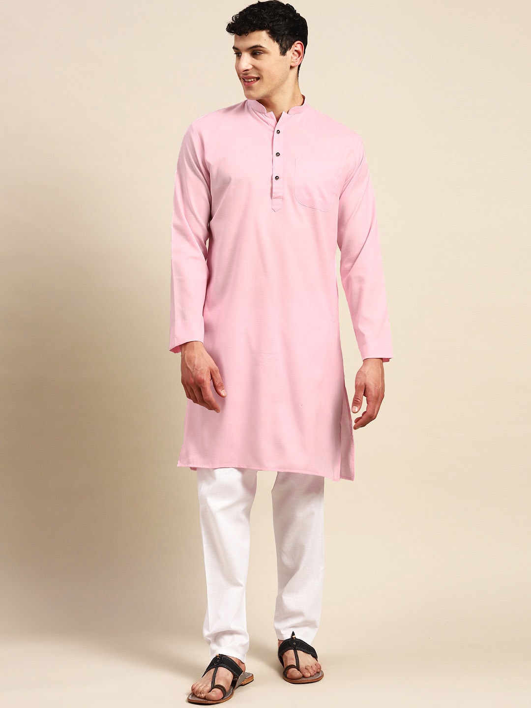 

Molly & Michel Mandarin Collar Pure Cotton Straight Kurta, Pink