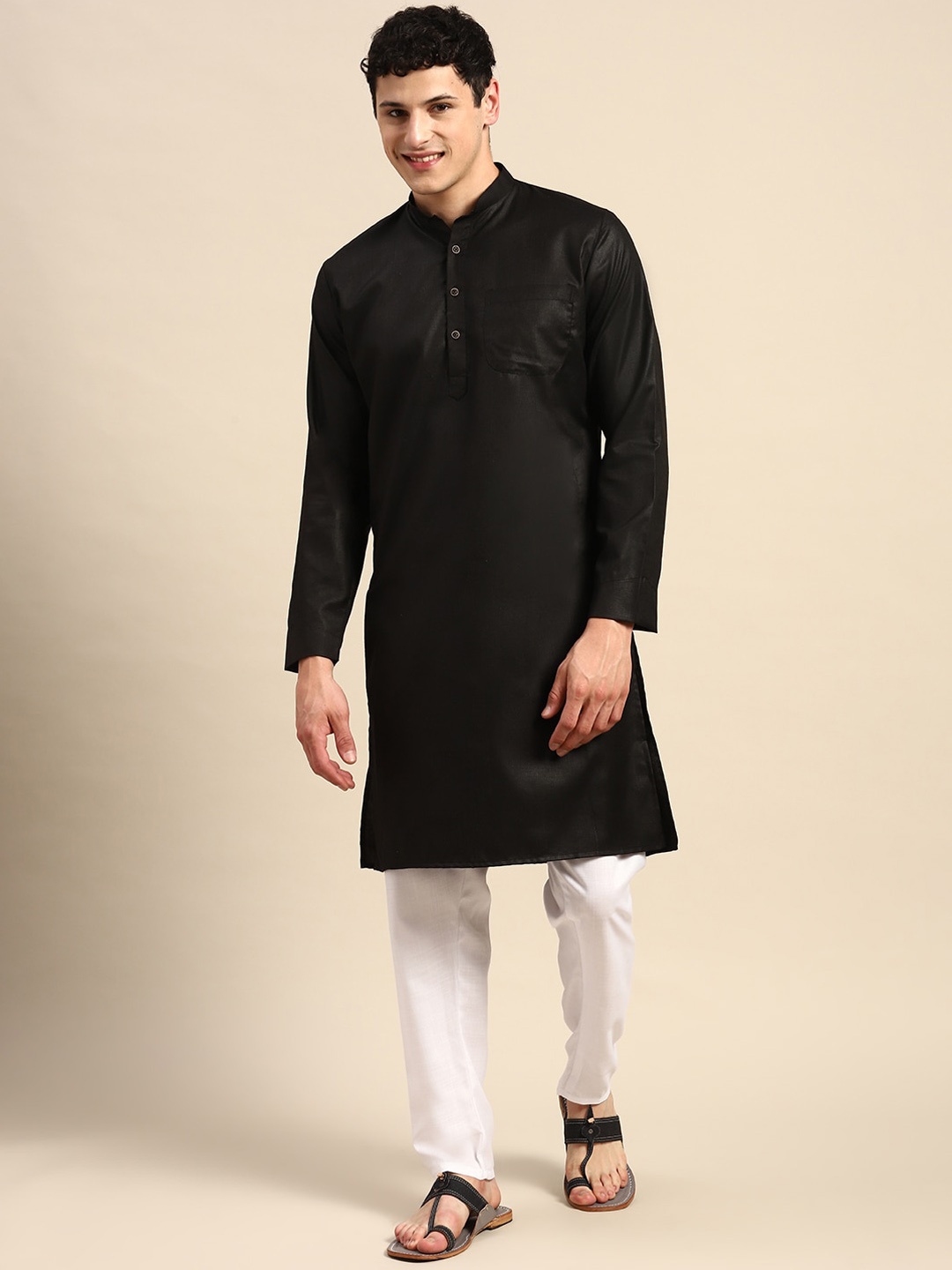 

Molly & Michel Mandarin Collar Pure Cotton Straight Kurta, Black