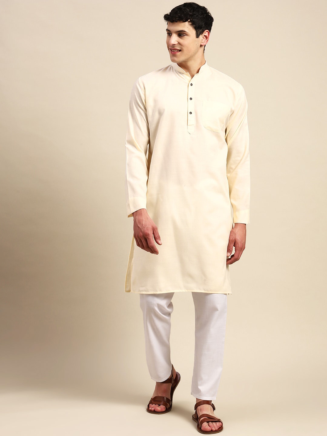 

Molly & Michel Mandarin Collar Pure Cotton Straight Kurta, Cream