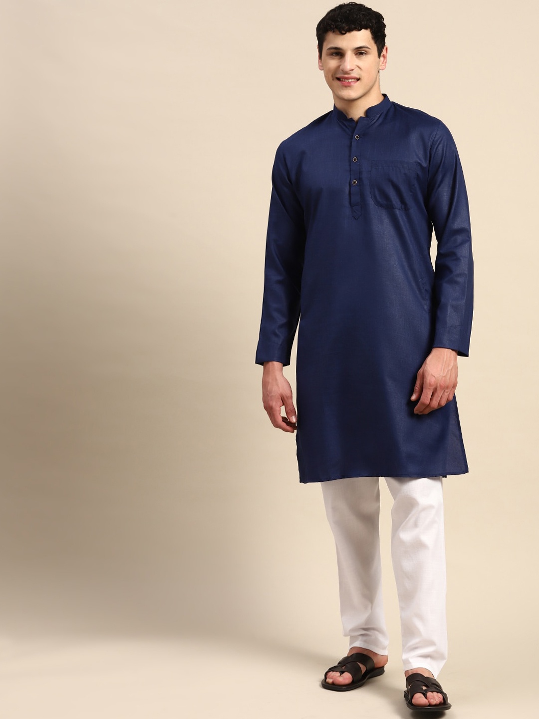 

Molly & Michel Mandarin Collar Pure Cotton Straight Kurta, Blue