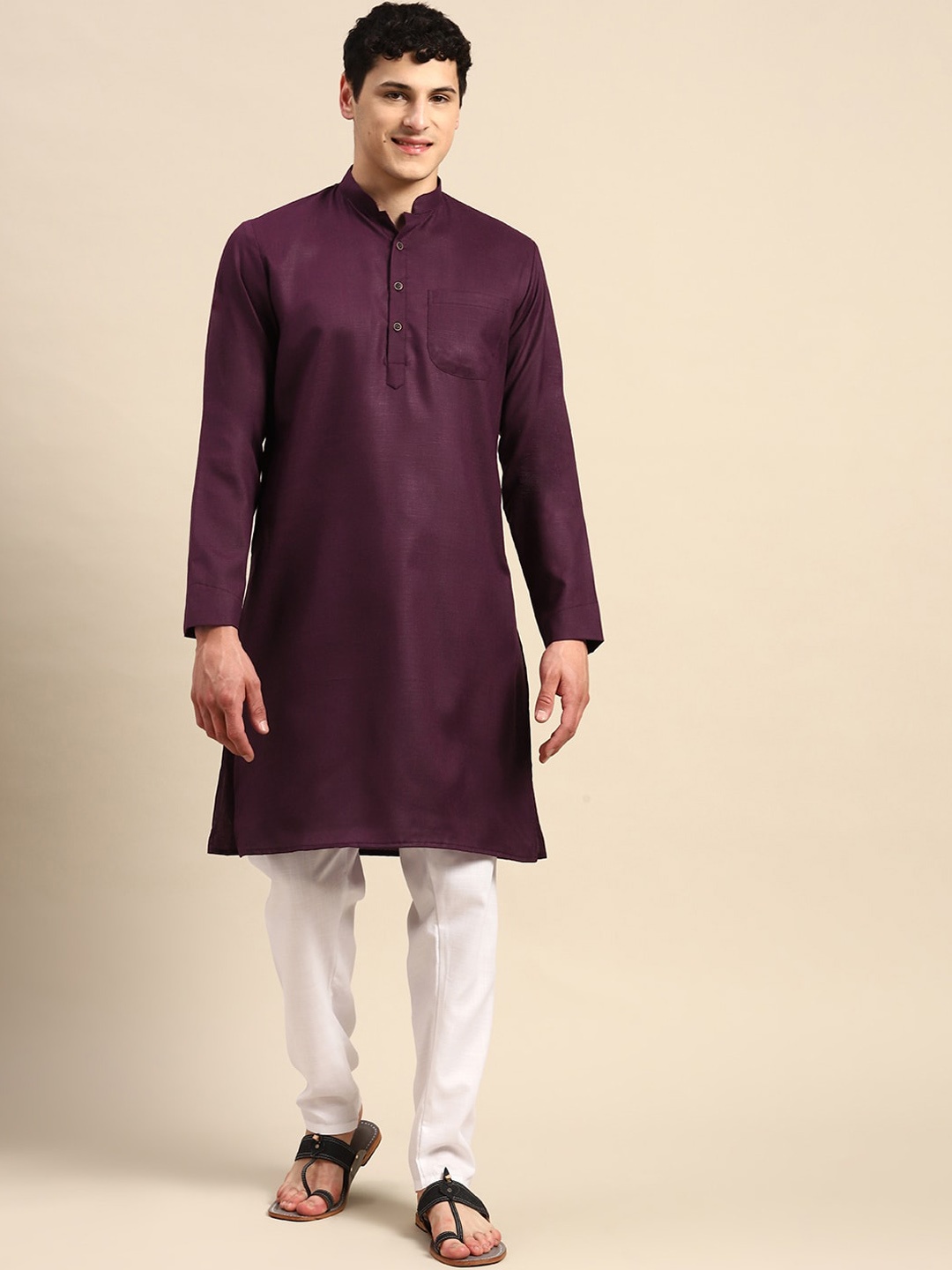 

Molly & Michel Mandarin Collar Pure Cotton Straight Kurta, Burgundy