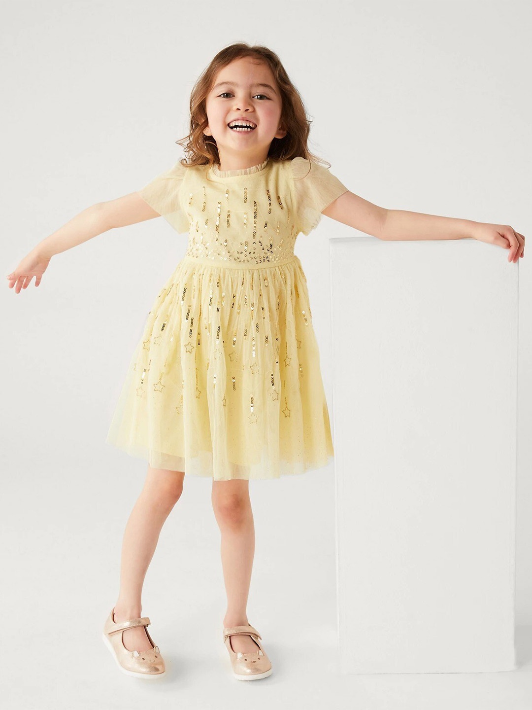 

Marks & Spencer Girls Embellished Flutter Sleeve Fit & Flare Dress, Yellow