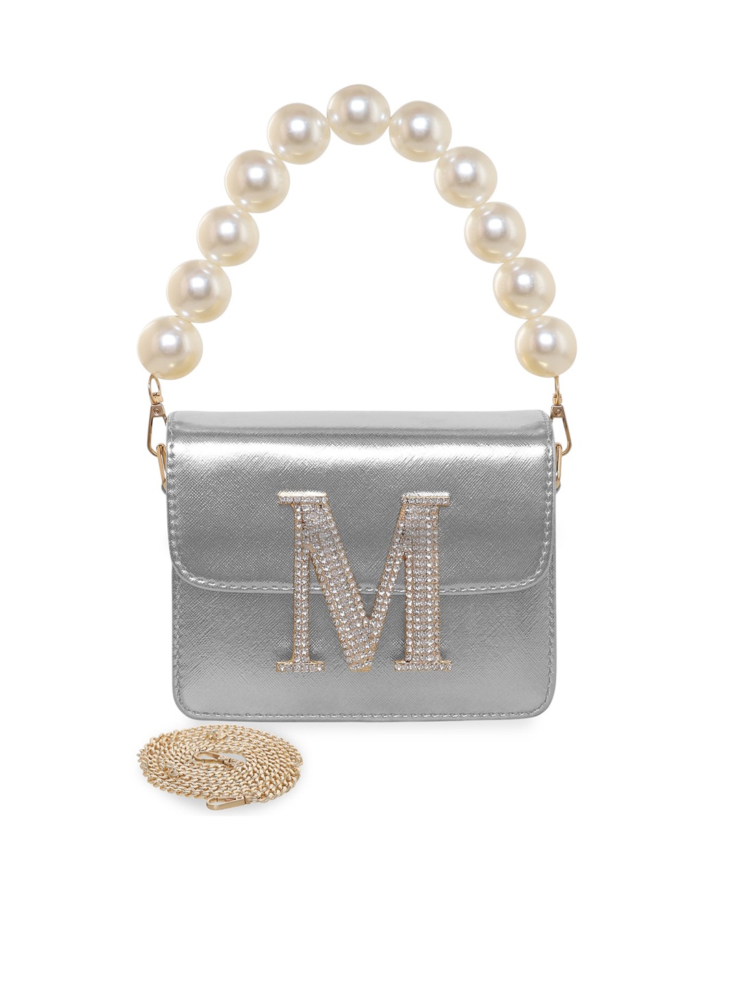 

ESBEDA Hotty Alphabet Personalized Embellished Structured Sling Bag, Silver