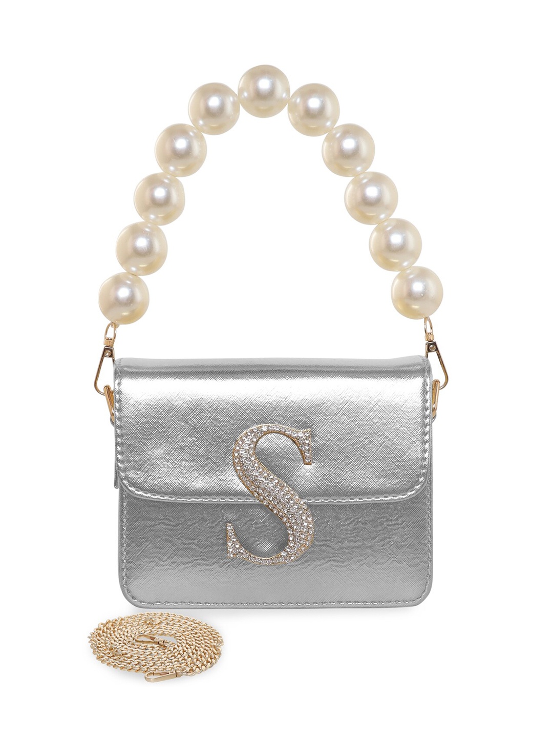 

ESBEDA Hotty Alphabet Personalized Embellished Structured Sling Bag, Silver