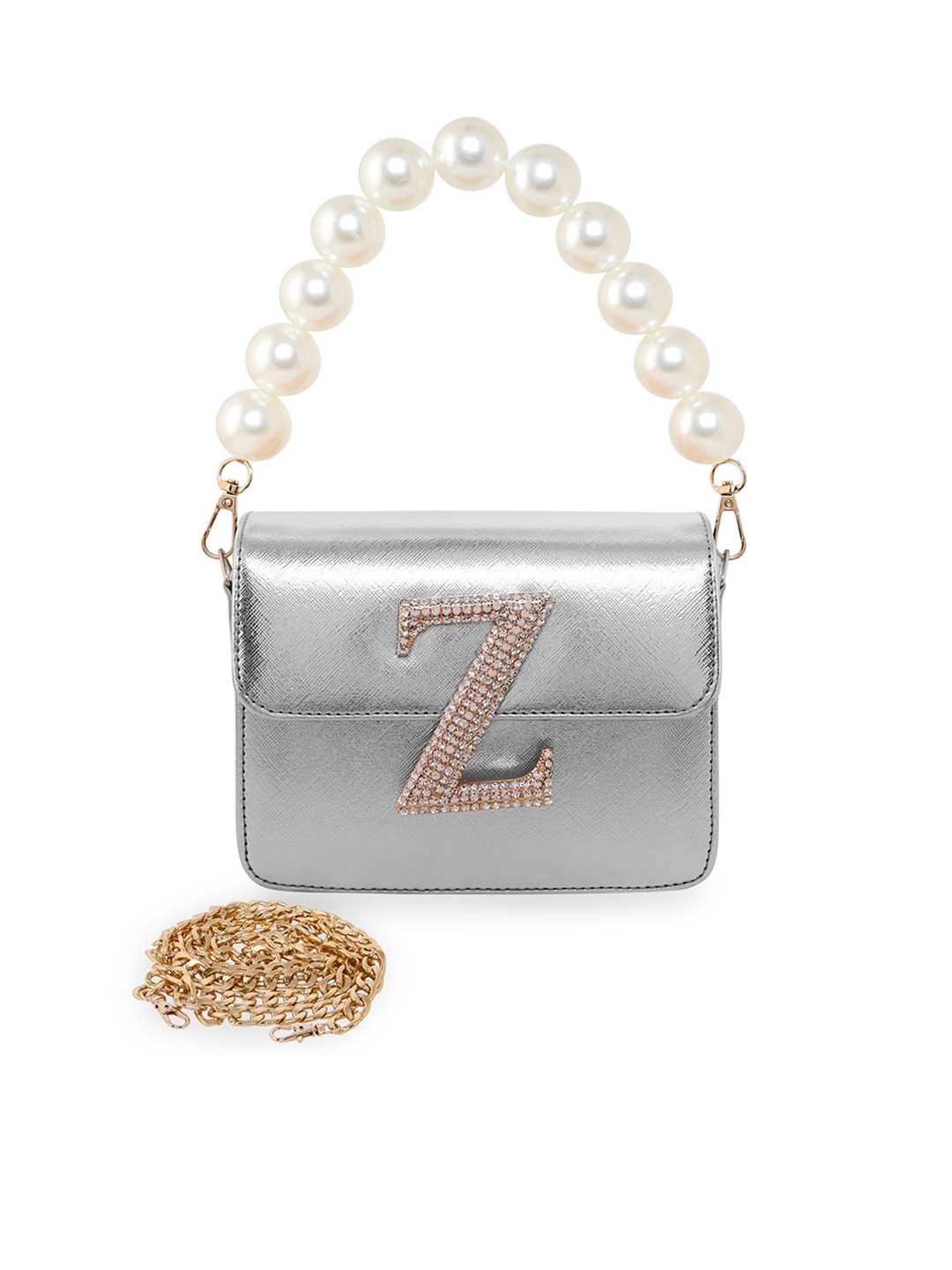 

ESBEDA Hotty Alphabet Personalized Embellished Structured Sling Bag, Silver