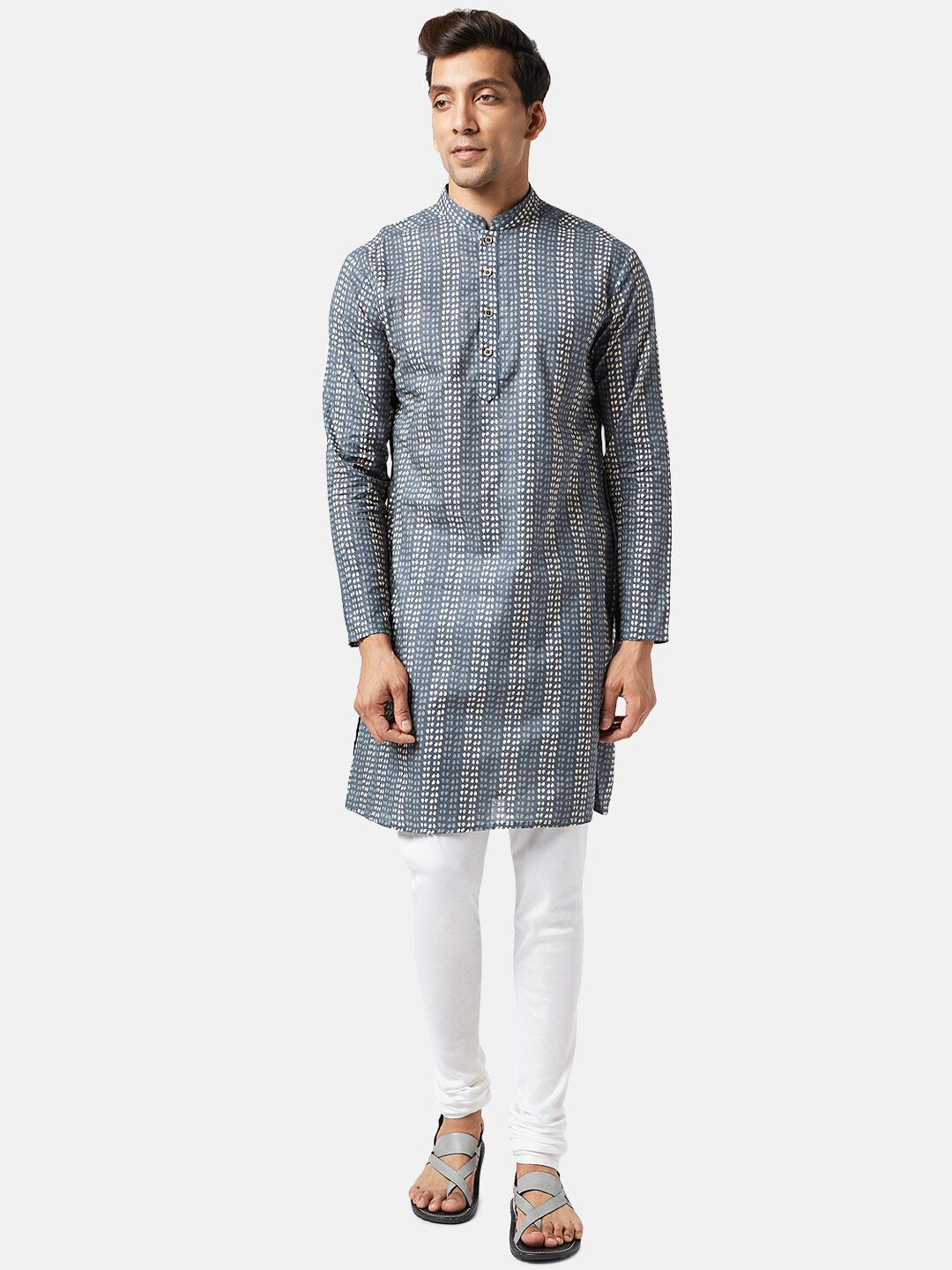 

indus route by Pantaloons Printed Mandarin Collar Pure Cotton Straight Kurta, Blue
