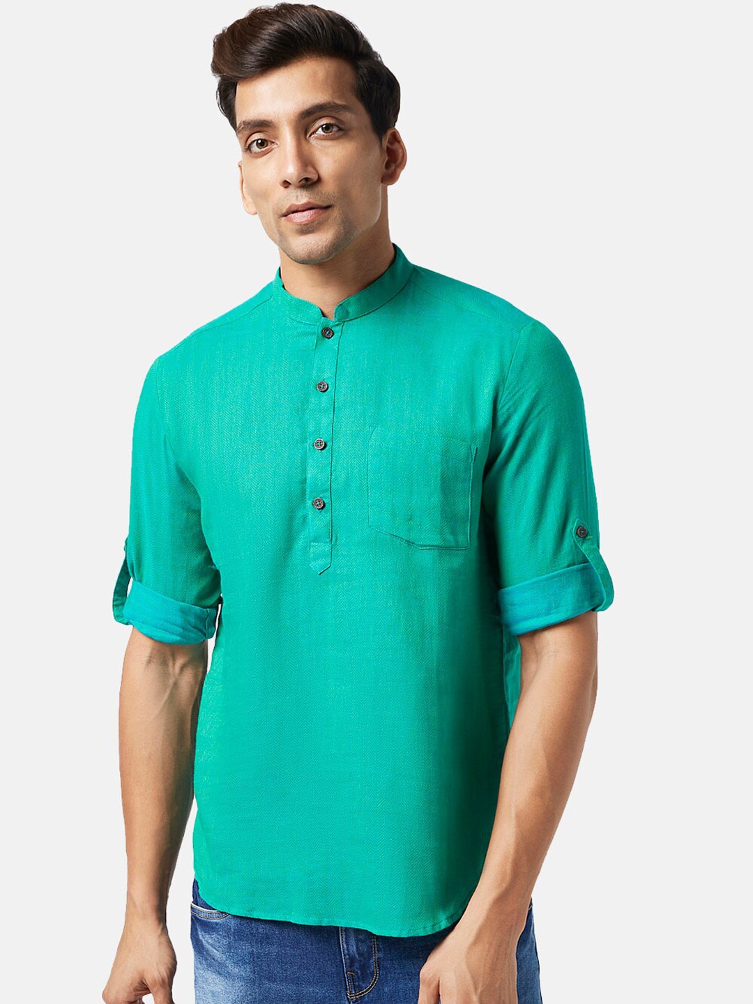 

indus route by Pantaloons Mandarin Collar Roll Up Sleeves Pure Cotton Kurta, Teal