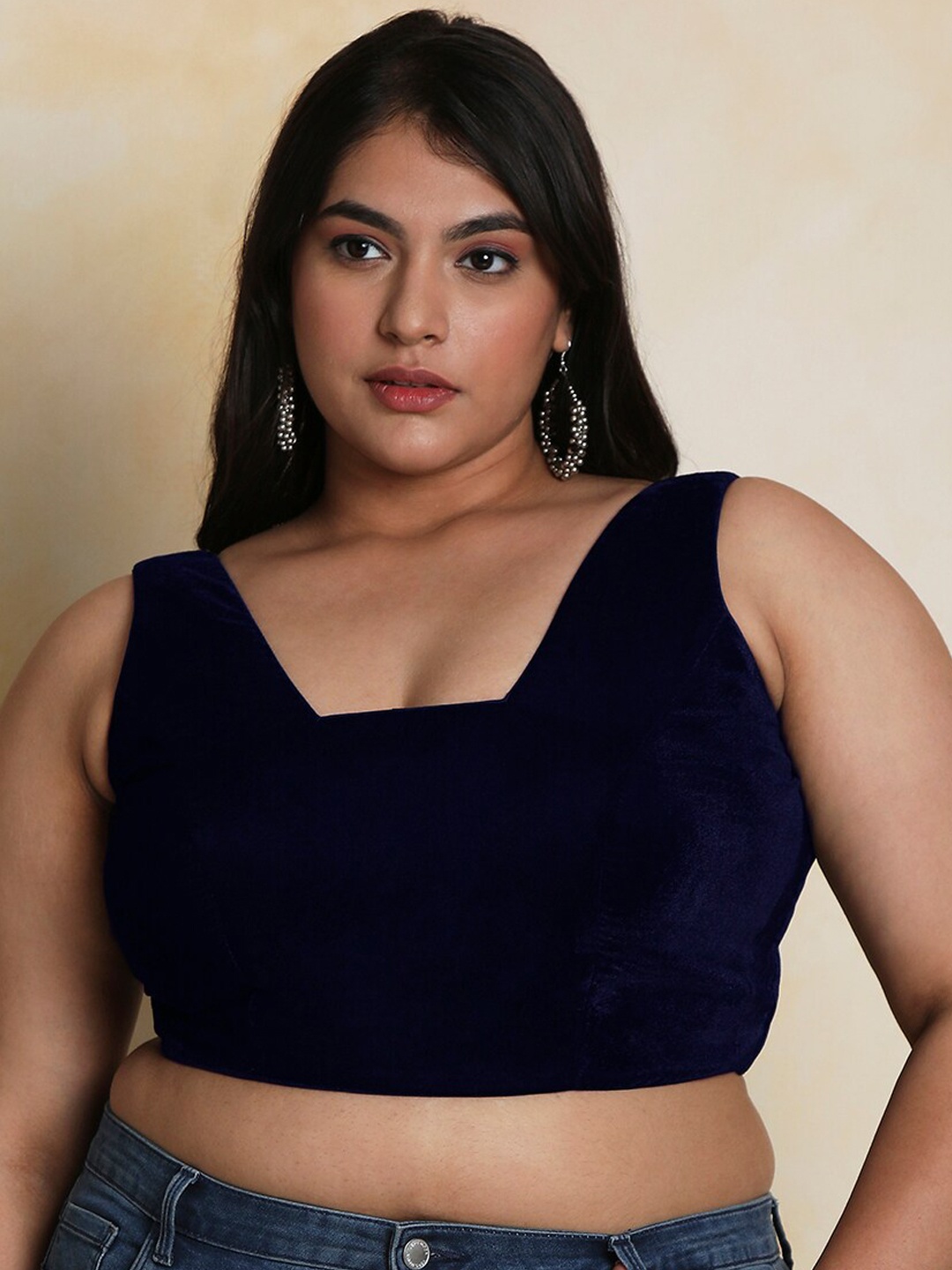 

SALWAR STUDIO Plus Size Velvet Saree Blouse, Navy blue