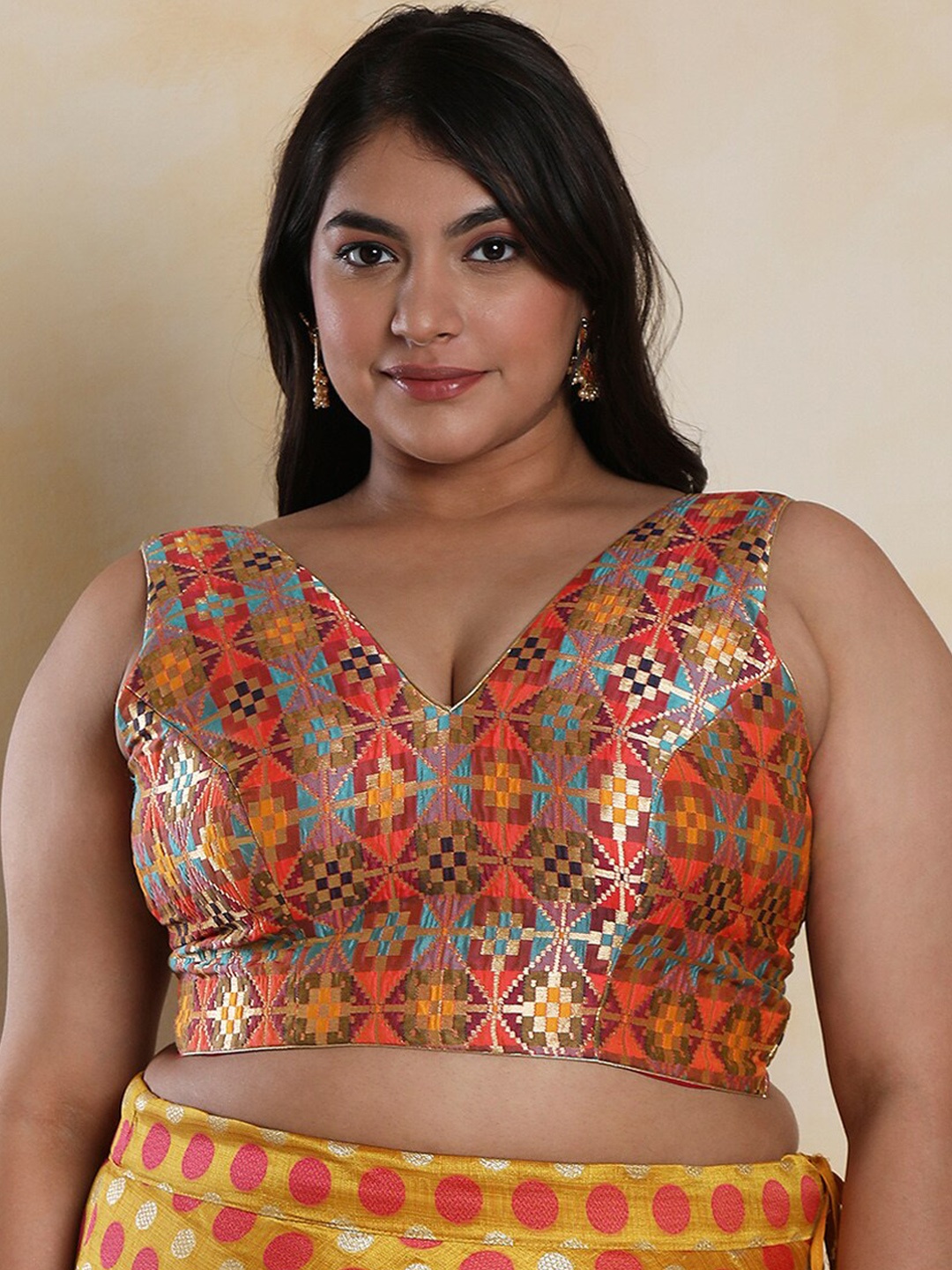 

SALWAR STUDIO V- Neck Woven Design Brocade Readymade Saree Blouse With Tie -Ups, Orange